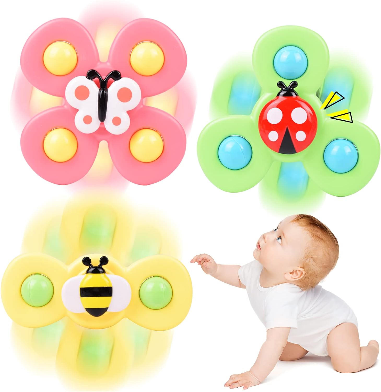 230816030052007_1 Suction Cup Spinner Toy for Baby, 3PCS Spinner Sensory Toys for Toddlers 1-3 Cartoon Baby Bath Toys 6 to 12 Months Kids Birthday Gift for Baby High Chair/Bathing/Dining Table/Travelling (Colorful) - Image 1